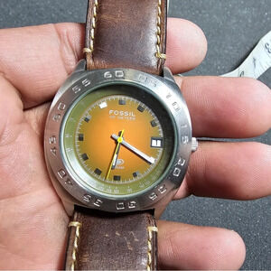 Fossil Blue Mens Quartz Watch Silvertone Orange Date Just Dial Working AM-3814